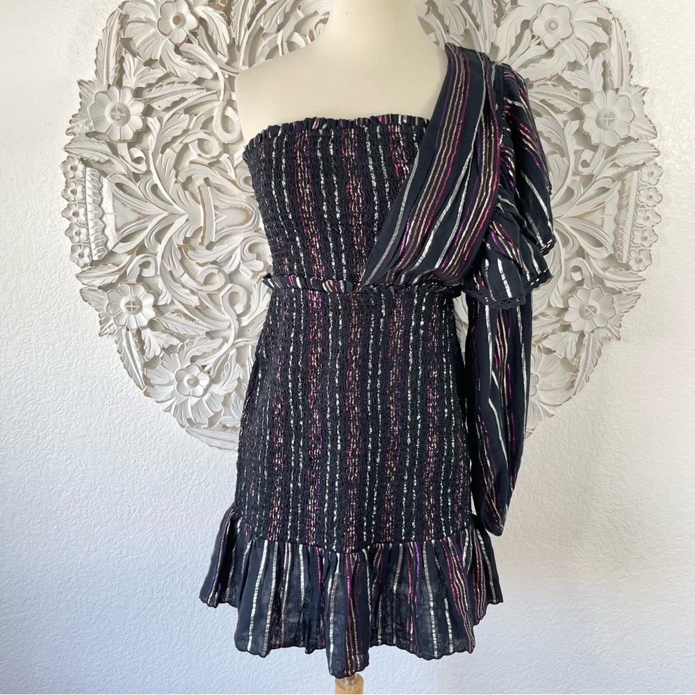 {Farm Rio} Lurex Stripes Metallic One-Sleeve Mini Dress, Size S, NWT